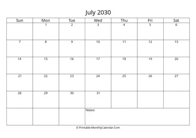Printable 2030 July Calendar