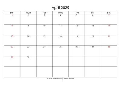 April 2029 Calendar Template