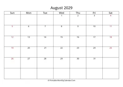 August 2029 Calendar Template