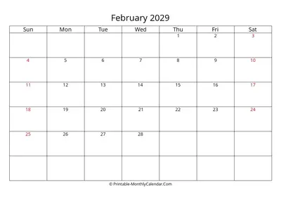 February 2029 Calendar Template