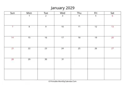 January 2029 Calendar Template