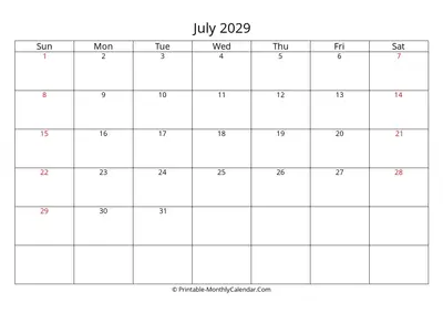 July 2029 Calendar Template