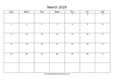 March 2029 Calendar Template