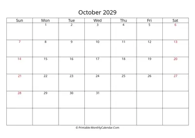 October 2029 Calendar Template